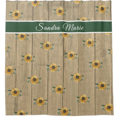 Rustic Tan Green Golden Yellow Sunflower  Wood  Shower Curtain