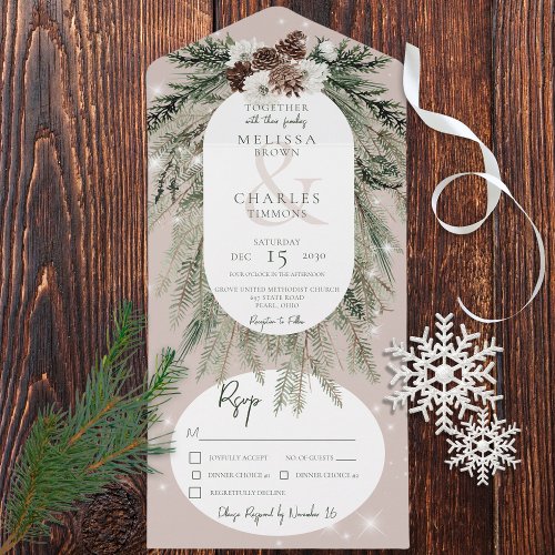 Rustic Tan Pine Winter Sparkle Dinner All In One Invitation