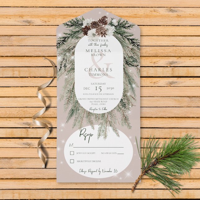 Rustic Tan Pine Winter Sparkle No Dinner All In One Invitation (Also available with a QR code or with dinner selection options.)