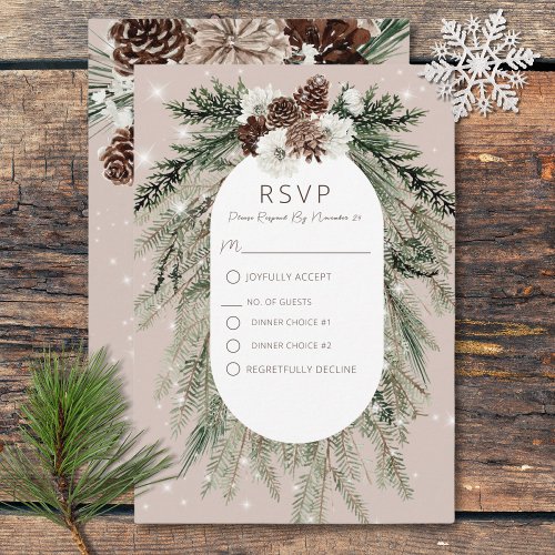 Rustic Tan Pine Winter Sparkle Two Dinner RSVP Card