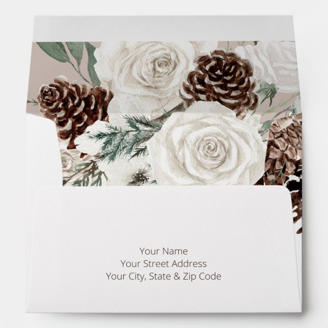 Rustic Tan Pine Winter Sparkle Wedding Envelope (Back (Bottom))