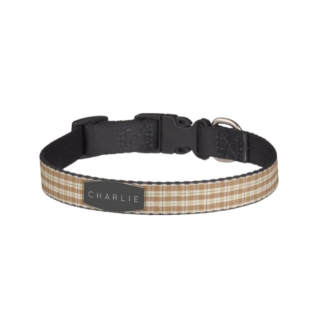 Rustic Tan Plaid Personalized Dog Pet Collar (Front)