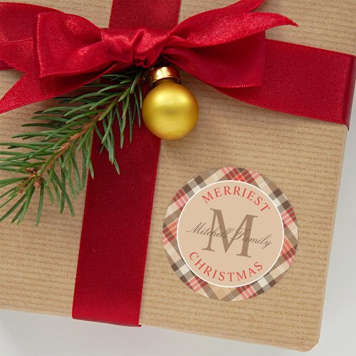 Rustic Tan Red Tartan Plaid Christmas Monogram Classic Round Sticker