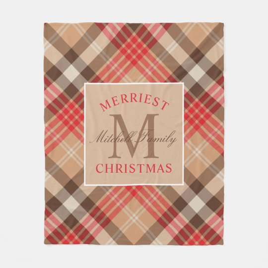 Rustic Tan Red Tartan Plaid Christmas Monogram Fleece Blanket