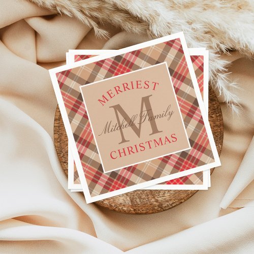 Rustic Tan Red Tartan Plaid Christmas Monogram Paper Napkins