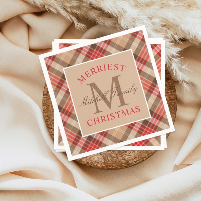 Rustic Tan Red Tartan Plaid Christmas Monogram Paper Napkins (Creator Uploaded)