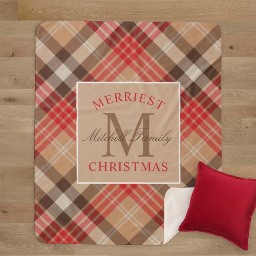 Rustic Tan Red Tartan Plaid Christmas Monogram Sherpa Blanket