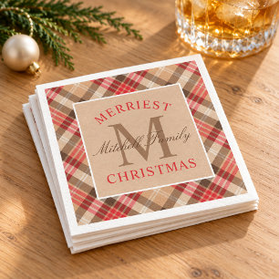Rustic Tan Red Tartan Plaid Merriest Christmas Paper Napkins