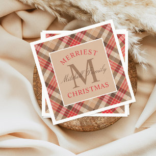 Rustic Tan Red Tartan Plaid Merriest Christmas Paper Napkins