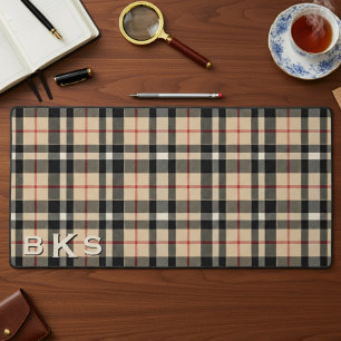 Rustic Tan White & Black Tartan Plaid Monogram Desk Mat