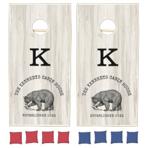 Rustic Tan Wood Black Bear Country Cabin Monogram Cornhole Set