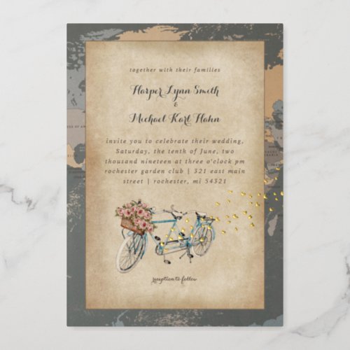 rustic tandem bicycle world map wedding foil invit foil invitation