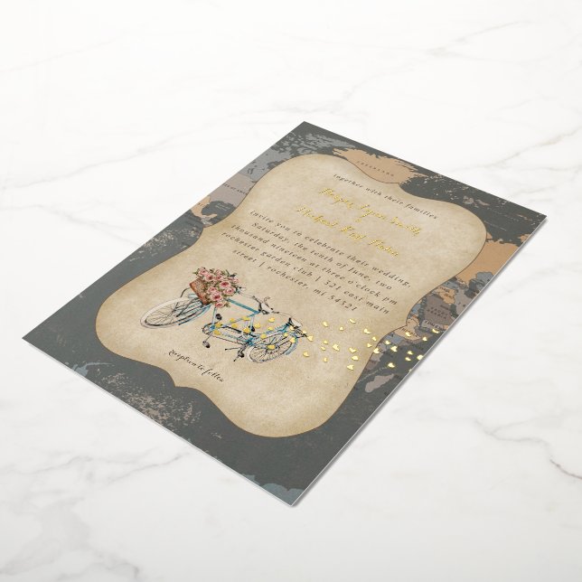 rustic tandem bicycle world map wedding foil invitation (Rotated)