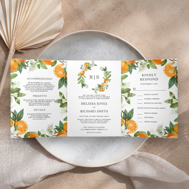 Rustic Tangerine Citrus Orange All in One Wedding Tri-Fold Invitation (Creator Uploaded)