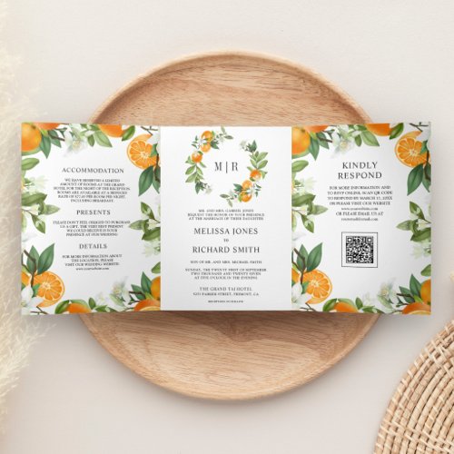 Rustic Tangerine Citrus Orange QR Code Wedding Tri-Fold Invitation
