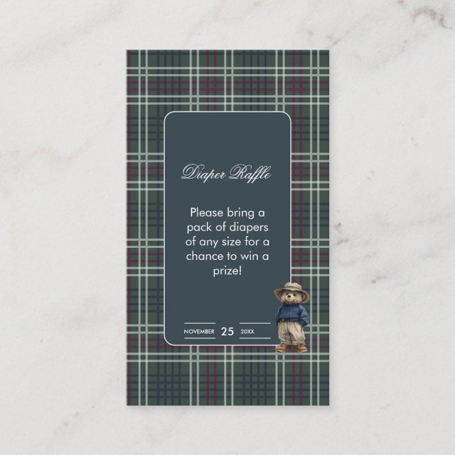 Rustic Tartan Bear Baby Shower Diaper Raffle Enclosure Card (Front)