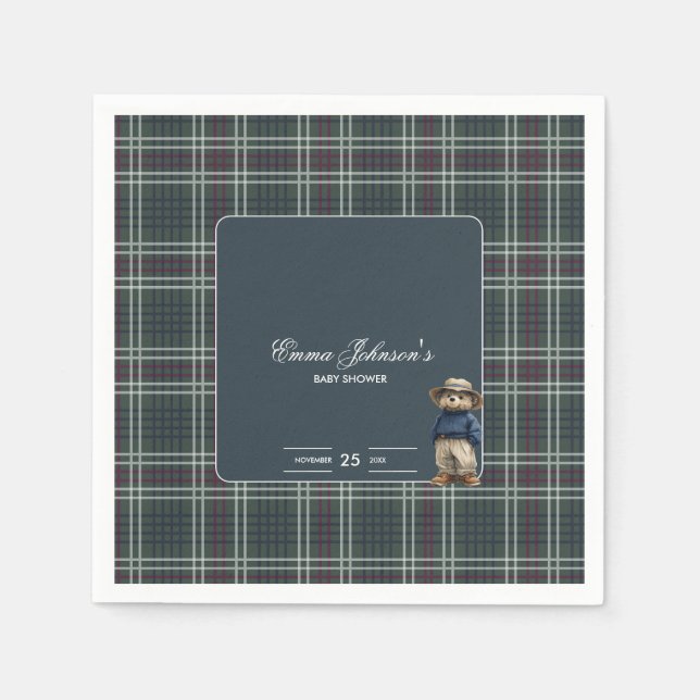 Rustic Tartan Bear Baby Shower Napkins (Front)