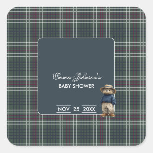 Rustic Tartan Bear Baby Shower Square Sticker