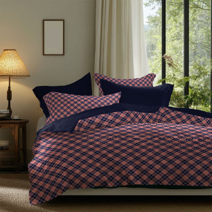 Rustic Tartan Duvet in Coral and Navy Check Patter Cover
