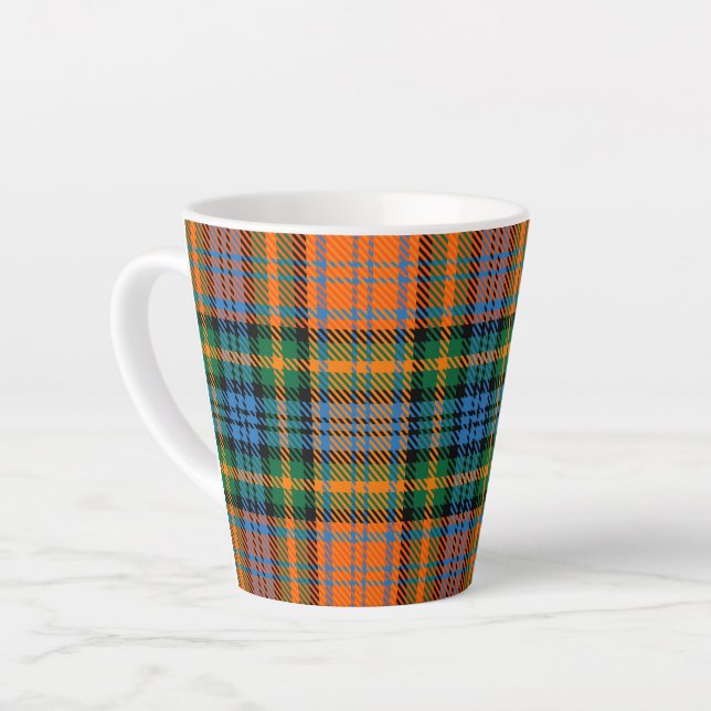 Rustic Tartan Murray Plaid Orange Blue Check Latte Mug (Left Angle)