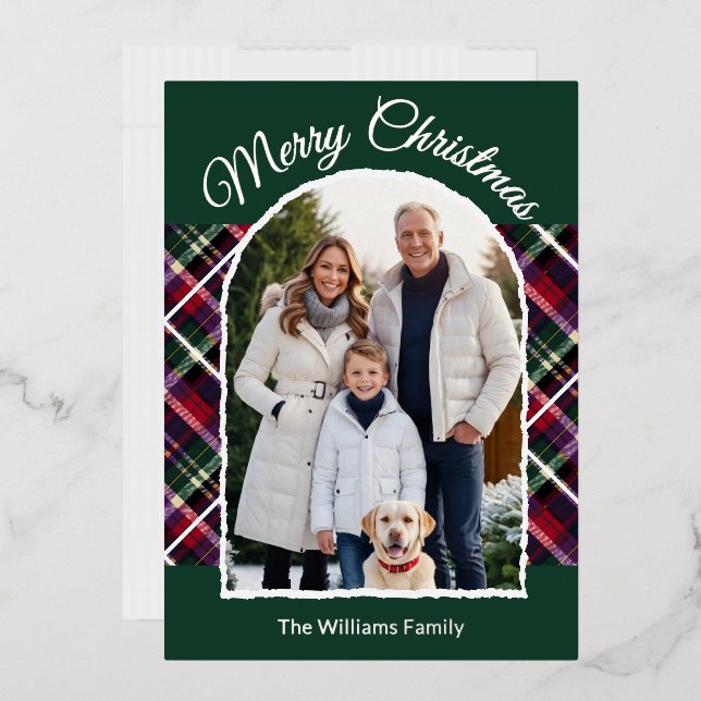 Rustic Tartan Plaid Arch Photo Green Christmas Foil Holiday Card (Envelope)