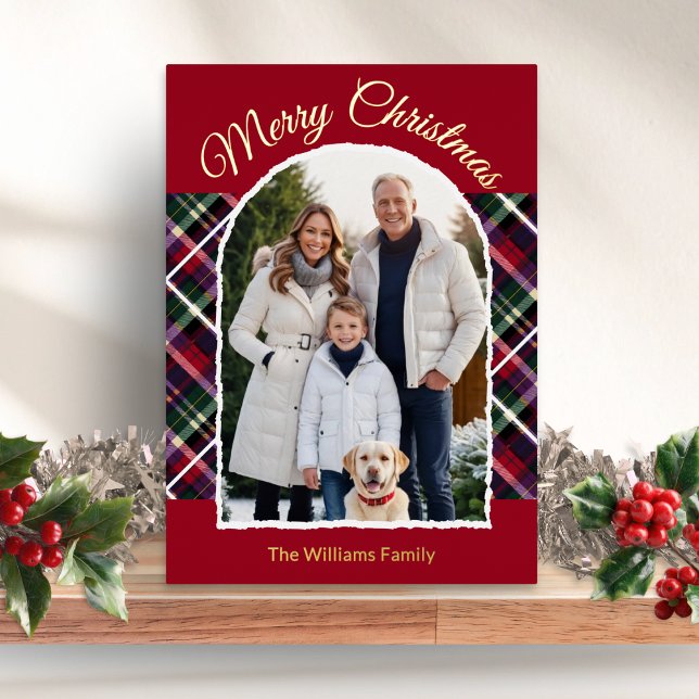 Rustic Tartan Plaid Arch Photo Merry Christmas Foil Holiday Card (A Christmas card personalized with your photo and name(s), with gold foil detail and tartan)