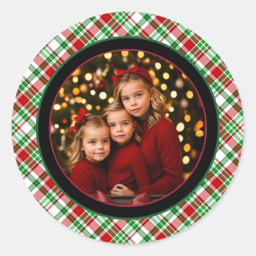 Rustic Tartan Plaid Christmas or Holiday Photo Classic Round Sticker