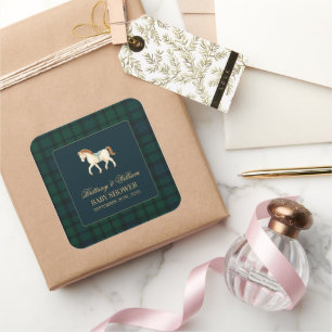 Rustic Tartan Plaid Horse Baby Shower  Square Sticker