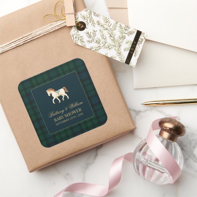 Rustic Tartan Plaid Horse Baby Shower  Square Sticker (Gifting)