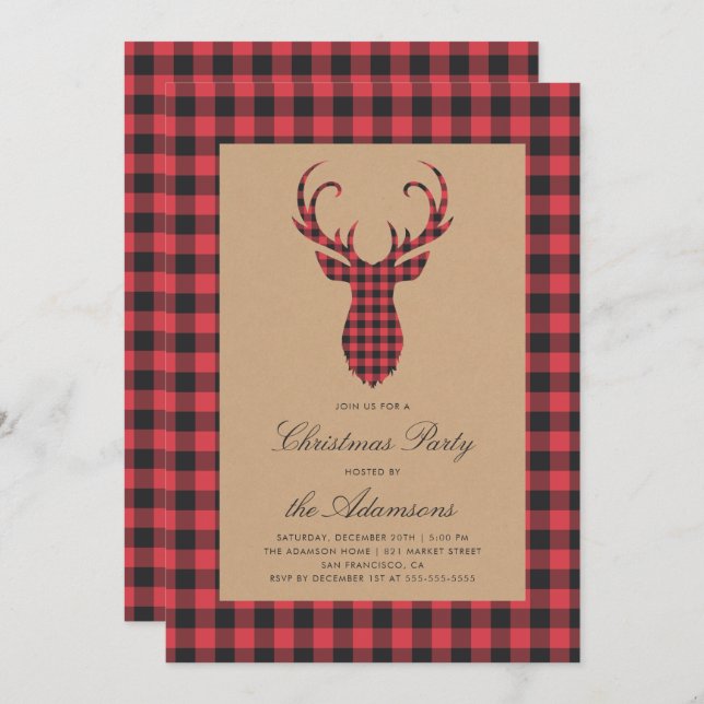 Rustic Tartan Plaid Reindeer Christmas Party Invitation (Front/Back)