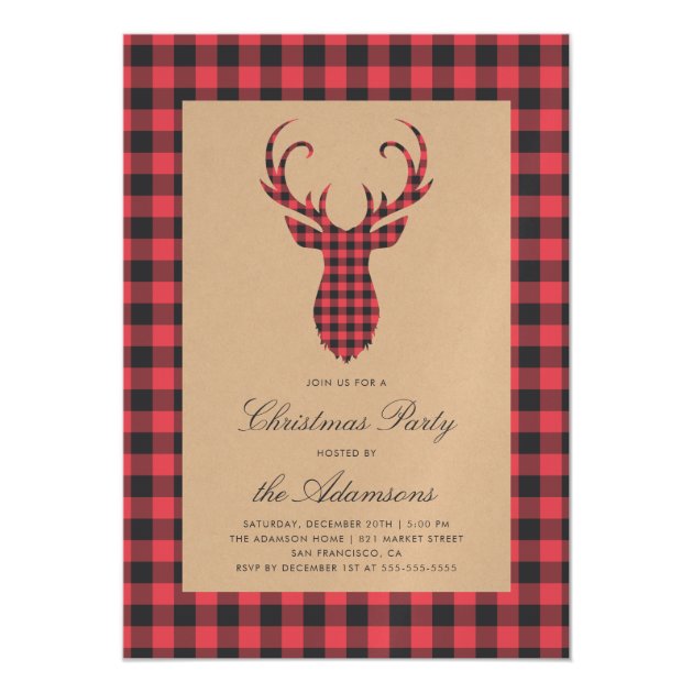 Rustic Tartan Plaid Reindeer Christmas Party Magnetic Invitation