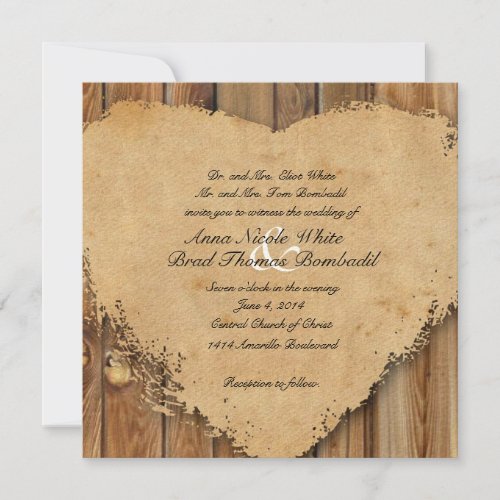 Rustic Tattered Heart Wood Look Country Wedding Personalized Invitation