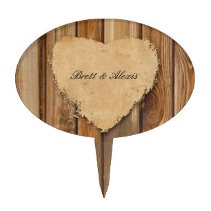 Rustic Tattered Heart Wood Personalized Cake Topper
