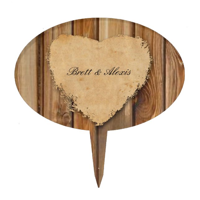 Rustic Tattered Heart Wood Personalized Cake Topper (Front)