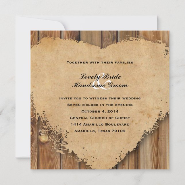 Rustic Tattered Heart Wood Style Country Wedding Invitation (Front)