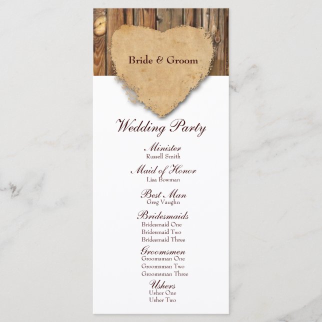 Rustic Tattered Heart Wood Wedding Program (Front)