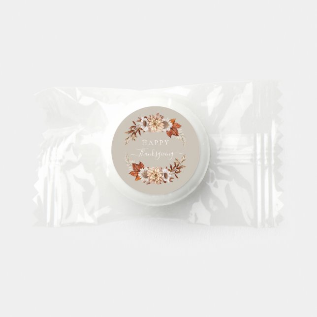 Rustic Taupe Fall Floral Happy Thanksgiving Life Saver® Mints (Front)