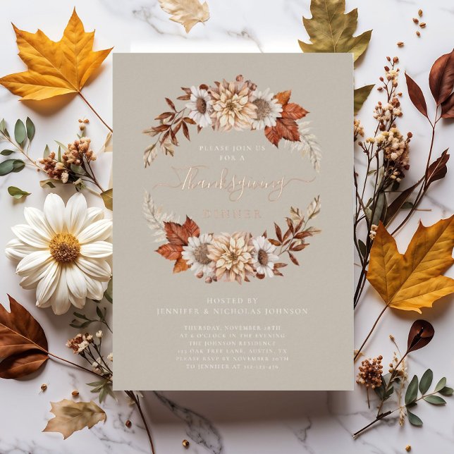 Rustic Taupe Fall Floral Thanksgiving Dinner Foil Invitation (Rustic Taupe Fall Floral Thanksgiving Dinner Foil Invitation)