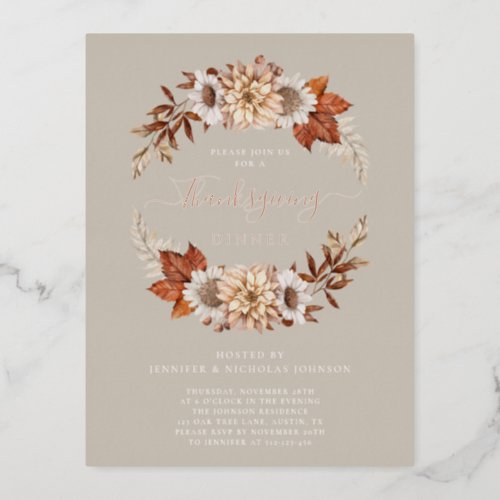 Rustic Taupe Fall Floral Thanksgiving Dinner  Foil Invitation Postcard