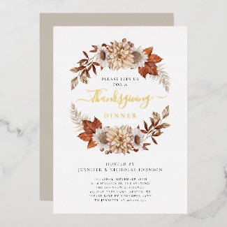 Rustic Taupe Fall Floral Thanksgiving Dinner Gold