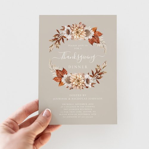 Rustic Taupe Fall Floral Thanksgiving Dinner Invitation
