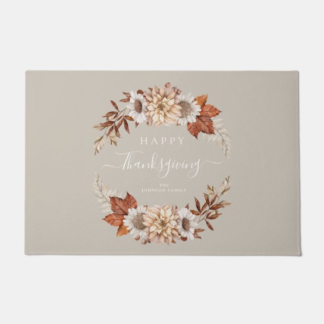 Rustic Taupe Fall Leaves Happy Thanksgiving Doormat (Front)