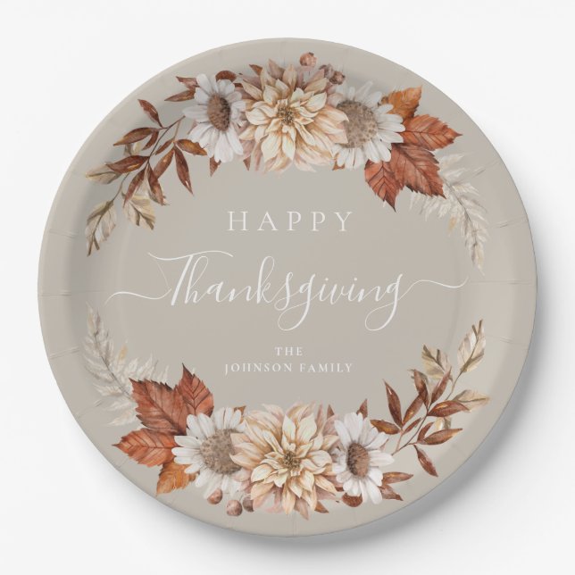 Rustic Taupe Fall Leaves Happy Thanksgiving Paper Plates (Front)