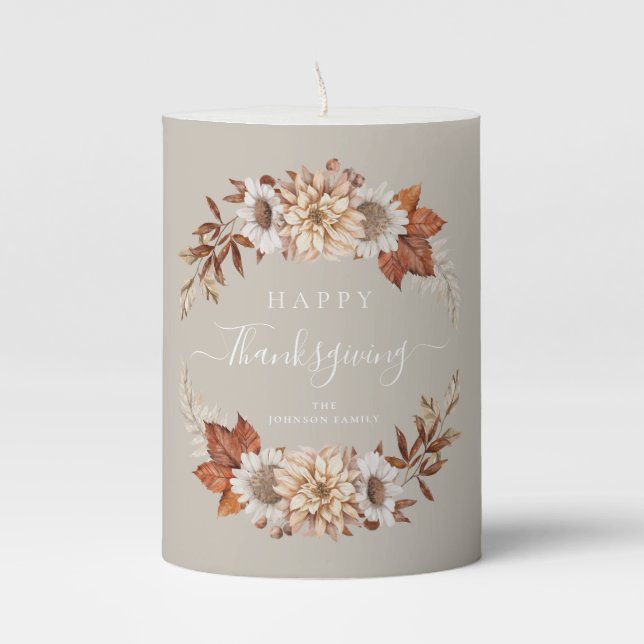 Rustic Taupe Fall Leaves Happy Thanksgiving Pillar Candle (Front)