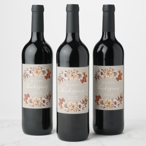 Rustic Taupe Fall Leaves Happy Thanksgiving Wine Label