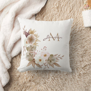 Rustic Taupe Floral Autumn Fall Monogram Throw Pillow