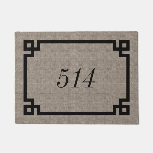 Rustic Taupe Greek Key Personalized Address Number Doormat (Front)
