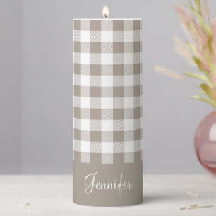 Rustic Taupe Plaid Custom Name Pillar Candle