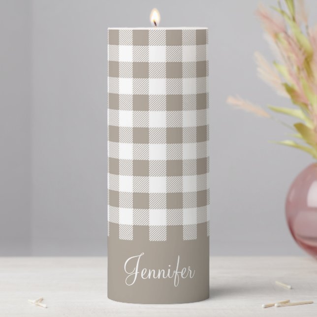Rustic Taupe Plaid Custom Name Pillar Candle (In Situ)