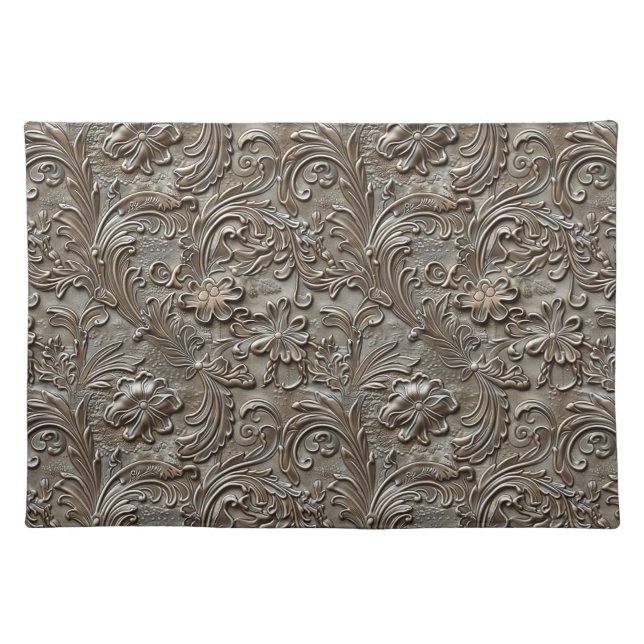 Rustic taupe tooled leather floral cloth placemat (Front)